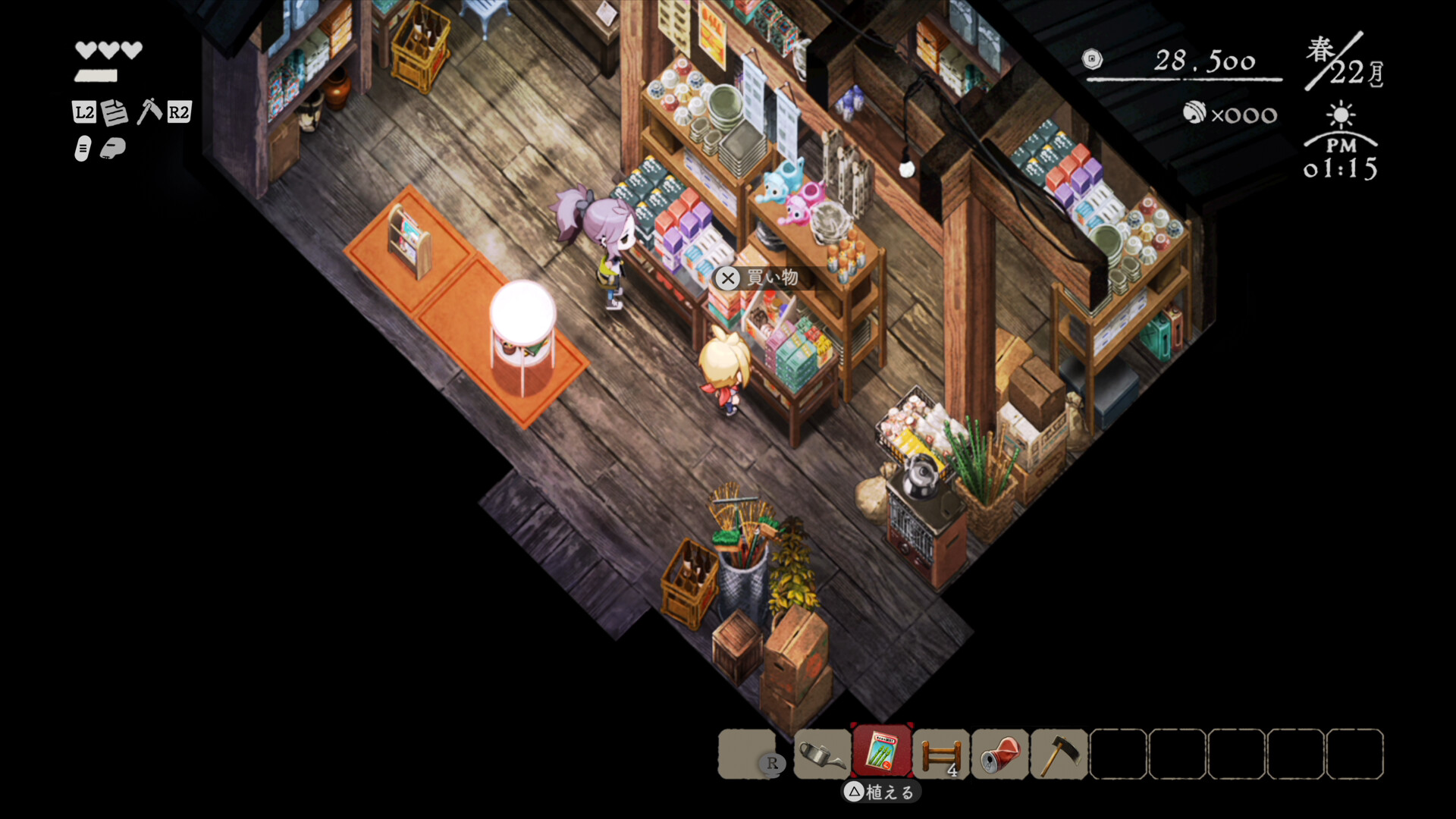 Village in the Shade screenshot: a shop interior with shelves and the in-game clock and money.