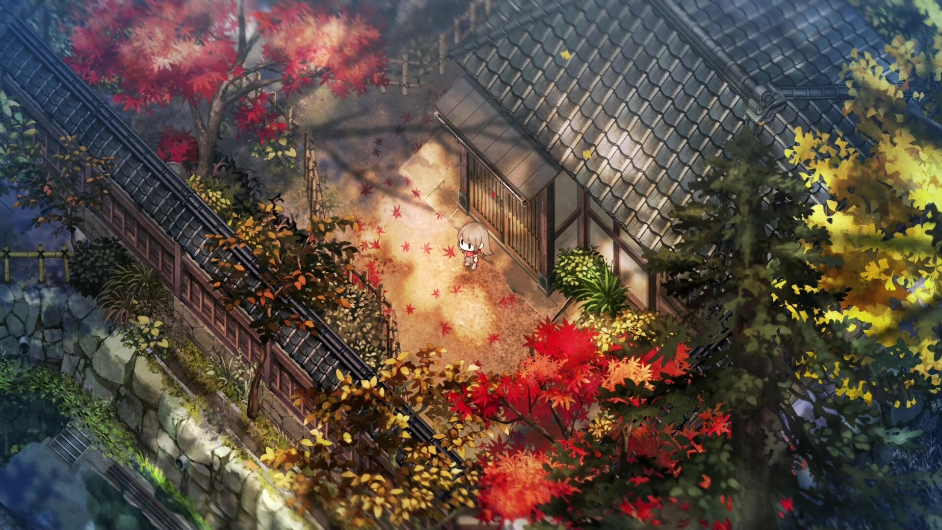 Village in the Shade screenshot: red and yellow autumn maples around a tiled-roof house.