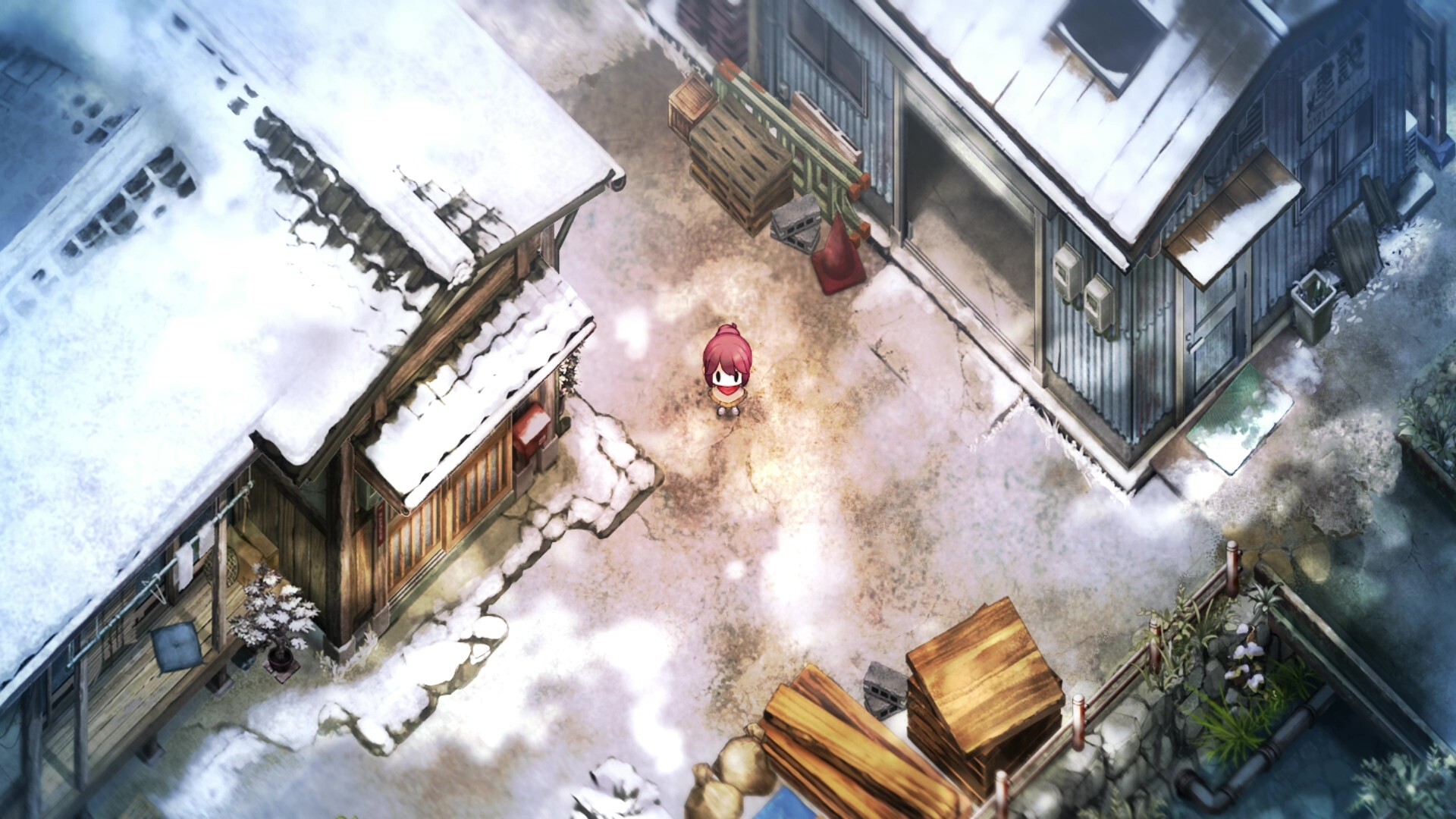 Village in the Shade screenshot: snow on village roofs and paths in winter.